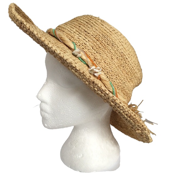 SCALA Wide Brim Straw Sun Hat with Broken Shells Twisted on Band One Size - Picture 3 of 8